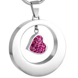 Round Shape Cremation Urn Pendant Necklace with Crystal Heart Charm