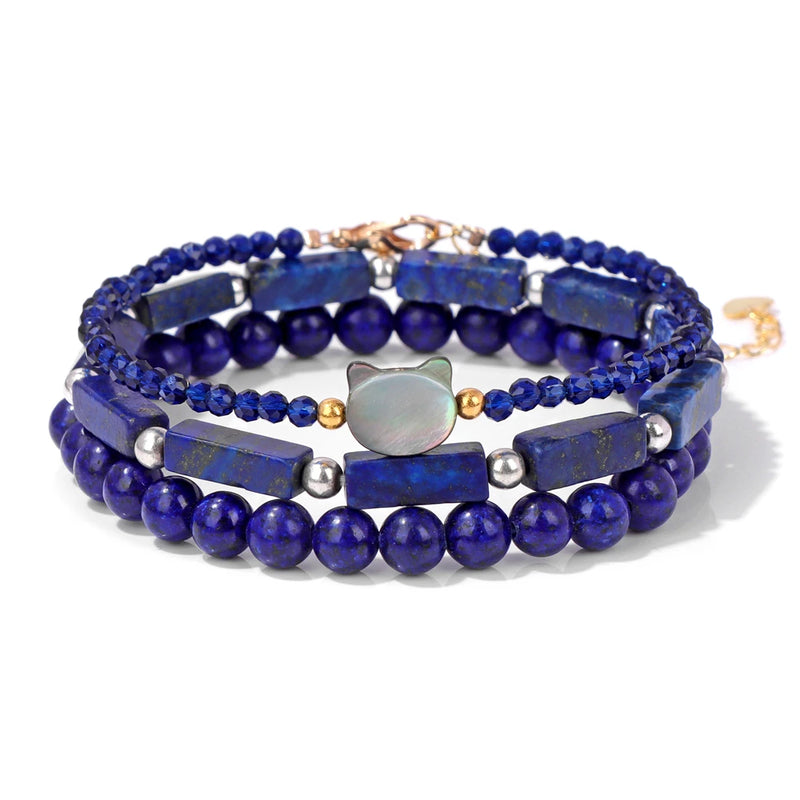 Beaded Bracelet Set Cat Head Charm Healthy Energy Bangle for Men Women