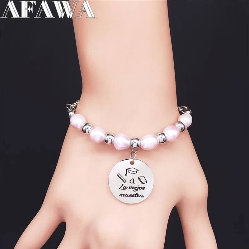 Stainless Steel Pink Freshwater Pearl Charm Bracelets