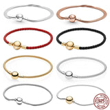 925 Silver Leather Bracelet with Round Buckle for Charm Beads DIY