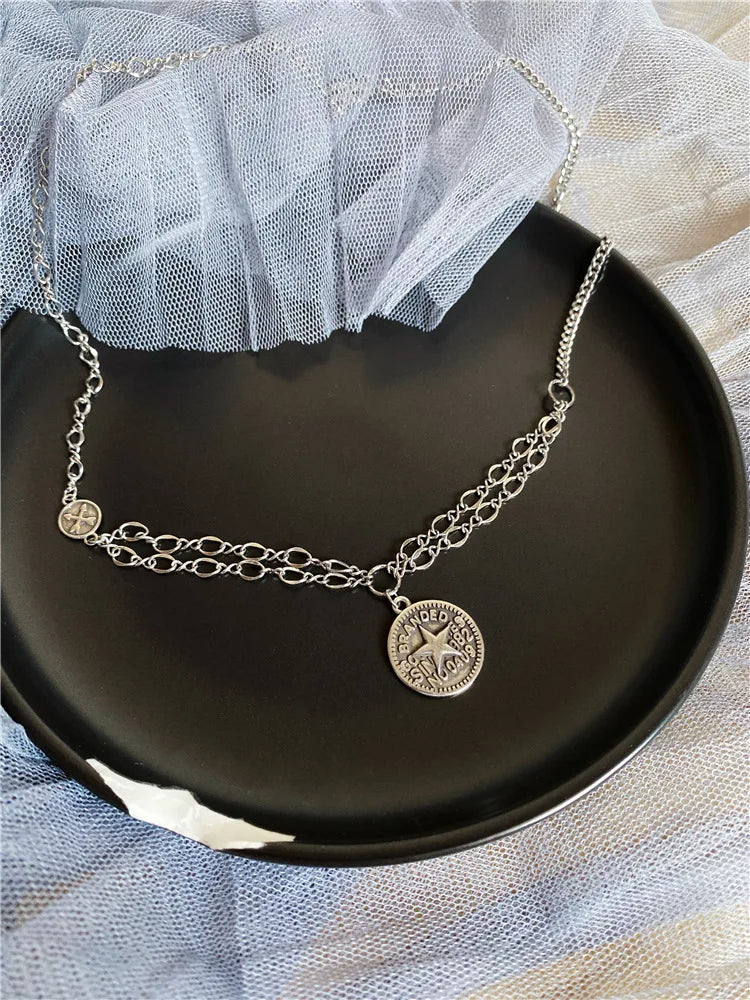 Round Tag Pendant Necklace Five-Star Retro Sweater Chain Short Necklace