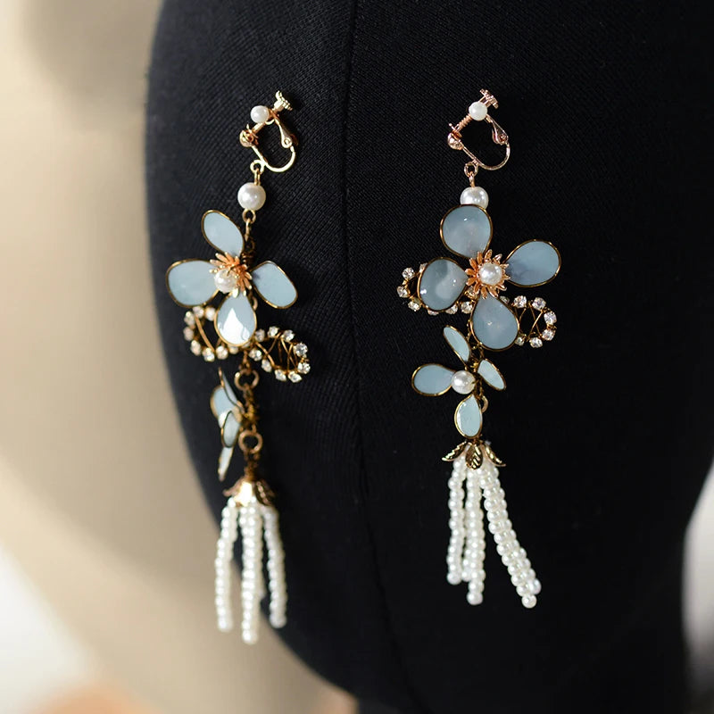 Royal Sky Brides Ear Clip Evening Woman Tassles Wedding Earrings