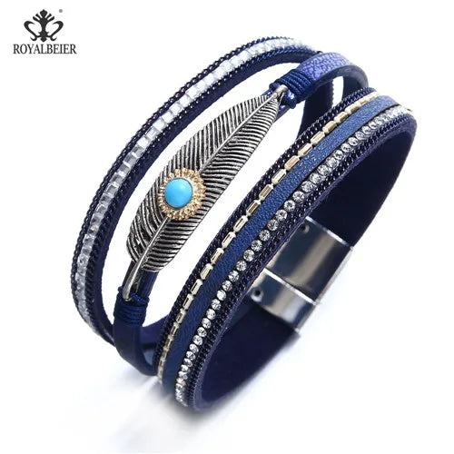 Leather Women Bracelet Metal Leaf Rhinestone Bangle Vintage Jewelry
