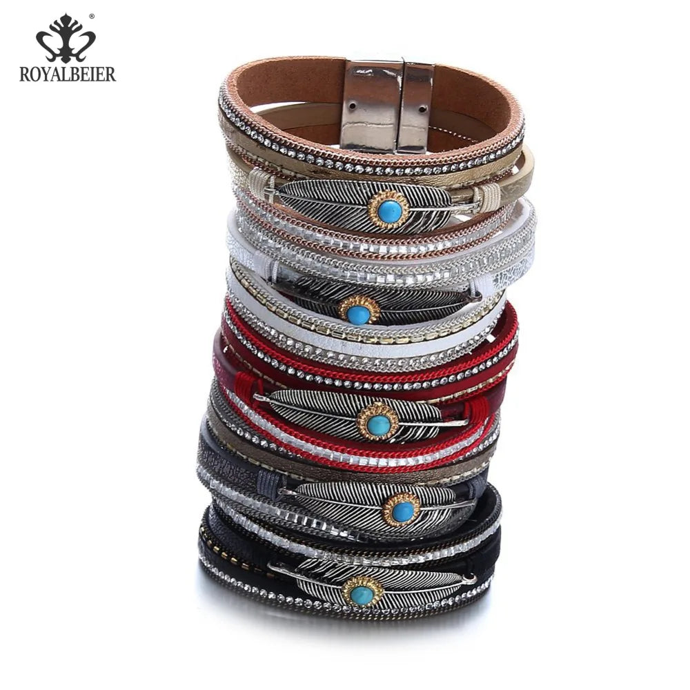 Leather Women Bracelet Metal Leaf Rhinestone Bangle Vintage Jewelry