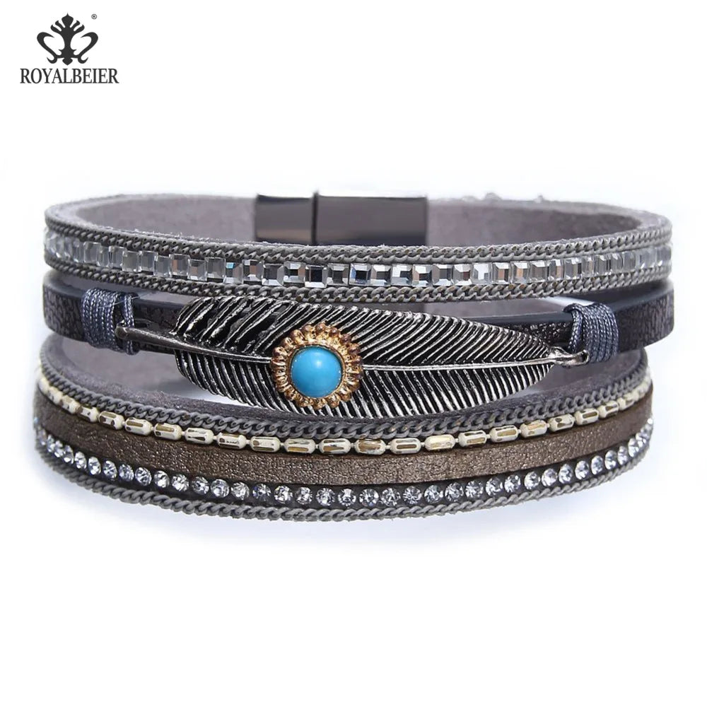 Leather Women Bracelet Metal Leaf Rhinestone Bangle Vintage Jewelry