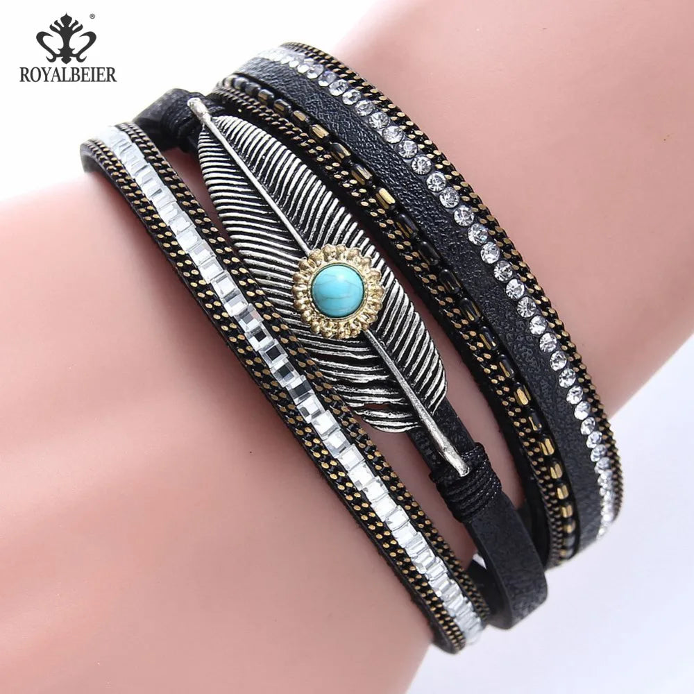 Leather Women Bracelet Metal Leaf Rhinestone Bangle Vintage Jewelry
