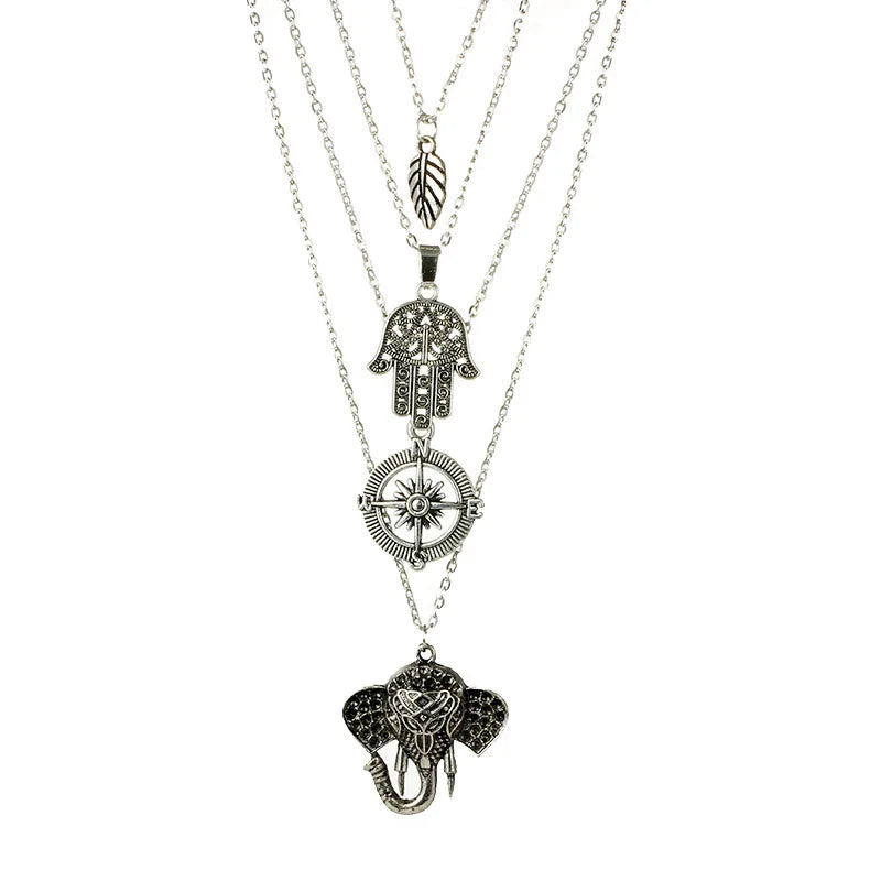 Vintage Silver Metal OM Elephant Moon Choker Necklace