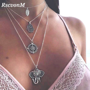 Vintage Silver Metal OM Elephant Moon Choker Necklace