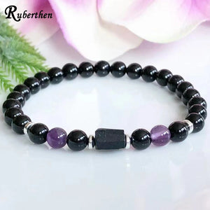 6mm Raw Tourmaline Amethyst Bracelet for Protection