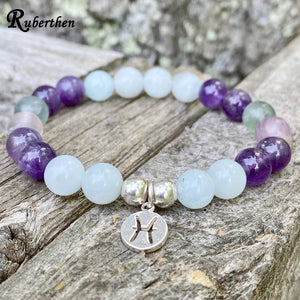 8mm Moonstone Pisces Zodiac Charm Bracelet Astrology Fluorite Gemstones