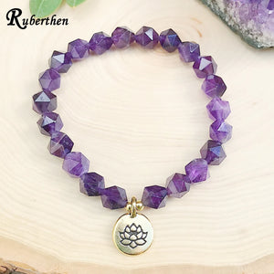 Amethyst Star Cut Bead Lotus Charm Bracelet