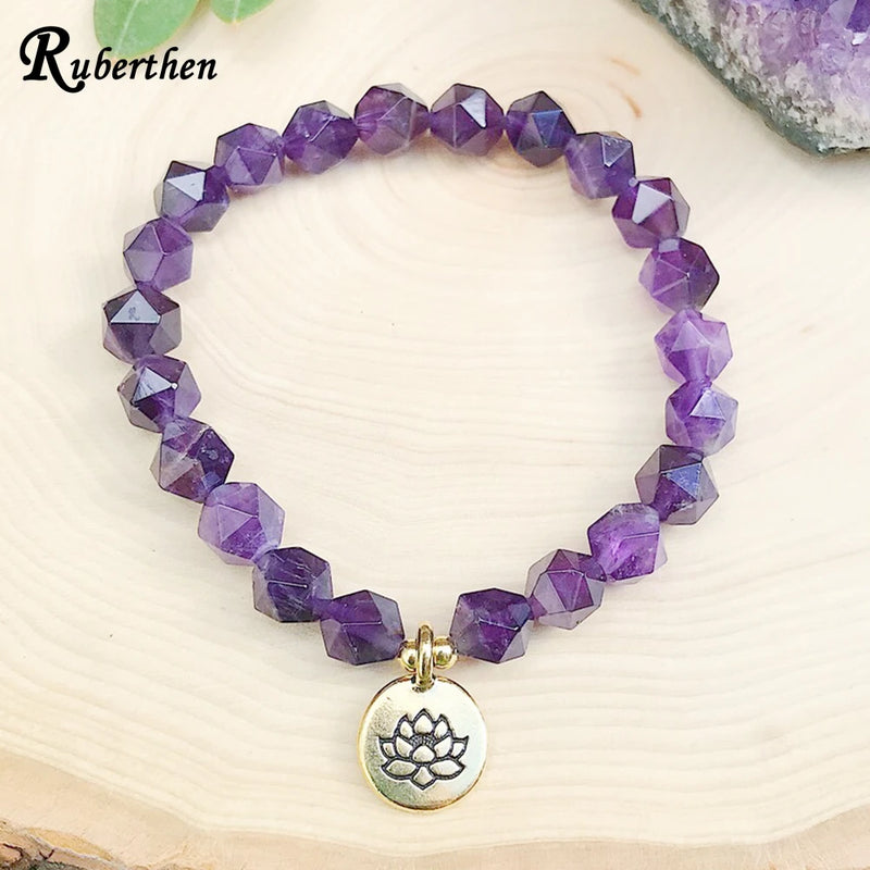Amethyst Star Cut Bead Lotus Charm Bracelet