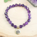 Amethyst Star Cut Bead Lotus Charm Bracelet