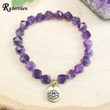 Amethyst Star Cut Bead Lotus Charm Bracelet