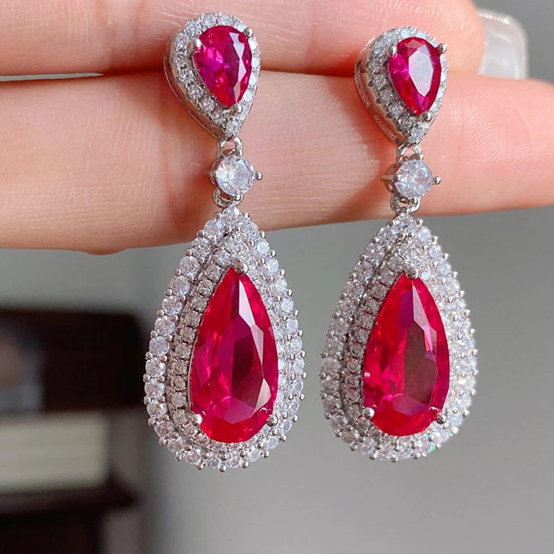 Ruby Sapphire Stone Water Droplets Tassel Drop Earrings Ice Crack Green Crystal