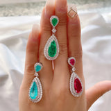 Ruby Sapphire Stone Water Droplets Tassel Drop Earrings Ice Crack Green Crystal