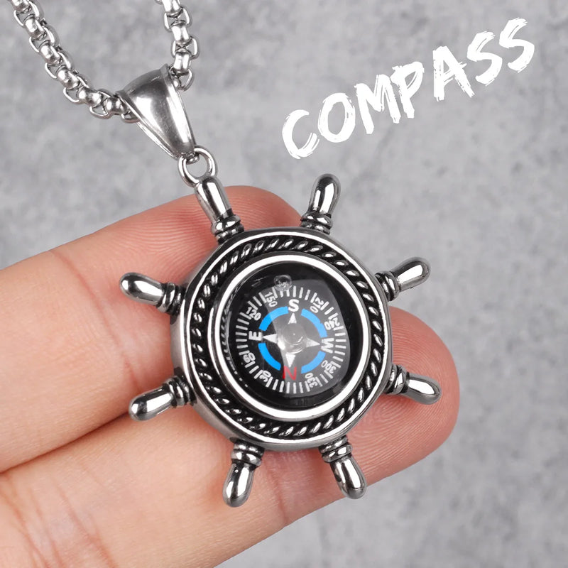 Rudder Compass Long Necklace Pendant Chain Stainless Steel