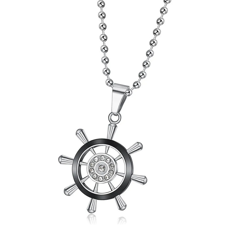 Rudder & Wheel Shape Pendant Men's Necklace Titanium Stainless Steel Chain