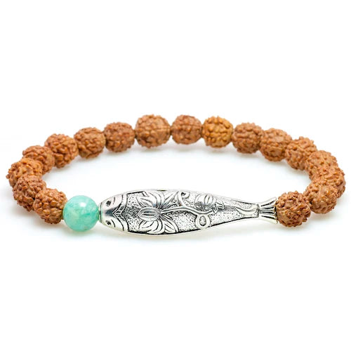 Rudraksha Seed Beads & Amazonite Stone Fish Bracelet Women