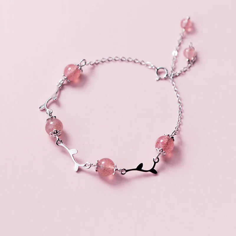 Pink Strawberry Quartz Silver Bracelet Women Jewelry