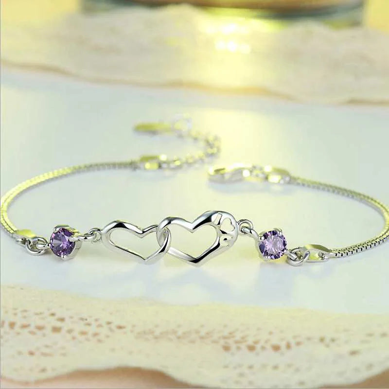 Ruifan Double Heart Clear/Purple CZ 925 Silver Bracelet YBR084