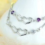Ruifan Double Heart Clear/Purple CZ 925 Silver Bracelet YBR084