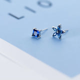 925 Silver Asymmetrical Stud Earrings Flower/Square Crystal/Rhinestone