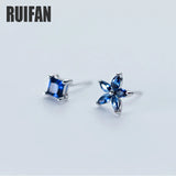 925 Silver Asymmetrical Stud Earrings Flower/Square Crystal/Rhinestone