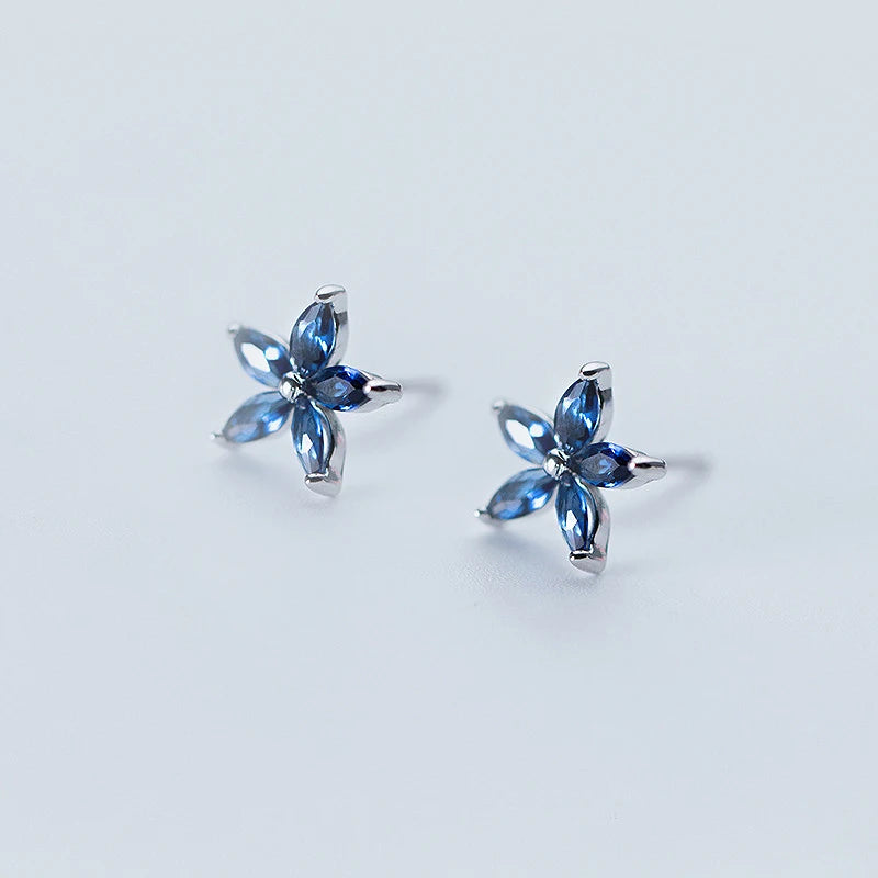 925 Silver Asymmetrical Stud Earrings Flower/Square Crystal/Rhinestone