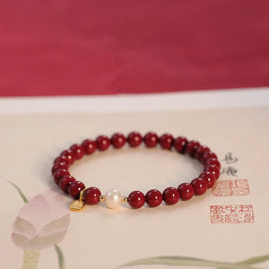 Natural Red Cinnabar Pearl Beaded Strand Bracelet Fine Jewelry YBR826