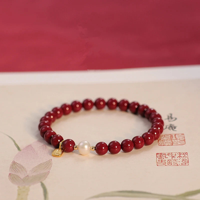 Natural Red Cinnabar Pearl Beaded Strand Bracelet Fine Jewelry YBR826