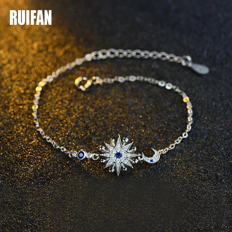 Ruifan Moon/Star CZ 925 Silver Women's Bracelet Gift YBR029