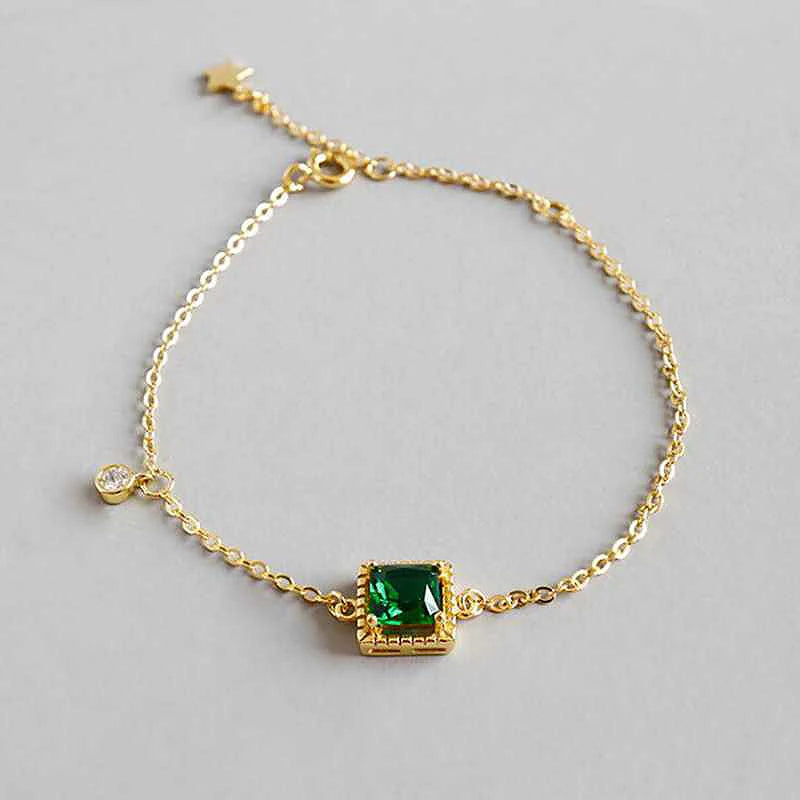 Green Cubic Zirconia Sterling Silver Bracelet Women Chain Link YBR041