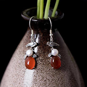 Vintage Agate Drop Earrings Natural Pearl Silver Jewelry YEA098