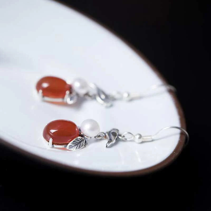 Vintage Agate Drop Earrings Natural Pearl Silver Jewelry YEA098