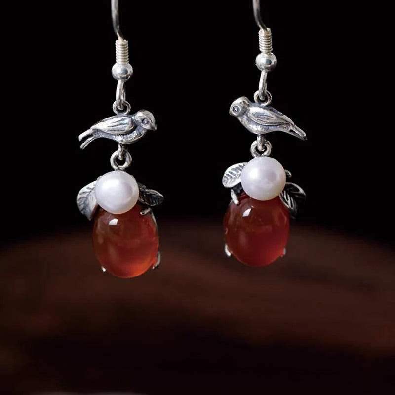 Vintage Agate Drop Earrings Natural Pearl Silver Jewelry YEA098