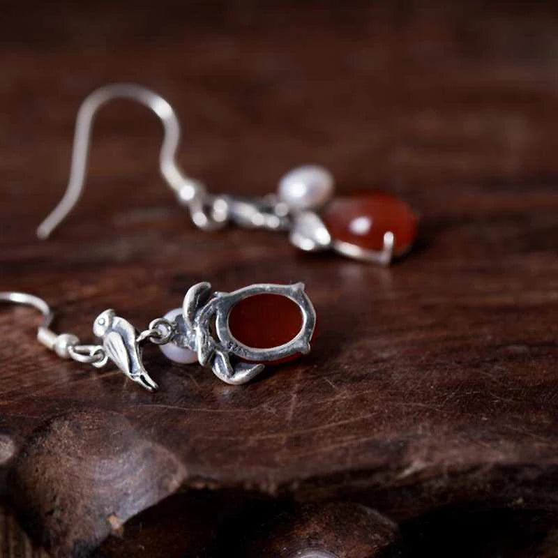 Vintage Agate Drop Earrings Natural Pearl Silver Jewelry YEA098