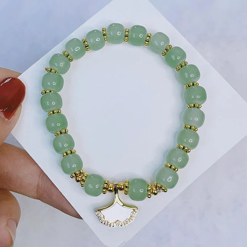 Ruifan Vintage Leaf Peanut Buddha Square Green Crystal Beaded Bracelet