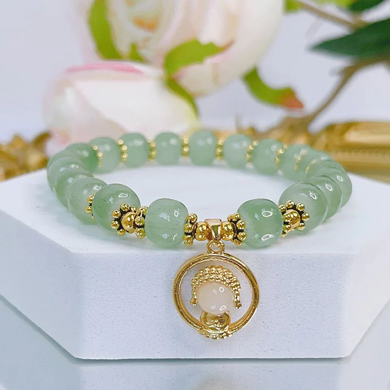 Ruifan Vintage Leaf Peanut Buddha Square Green Crystal Beaded Bracelet
