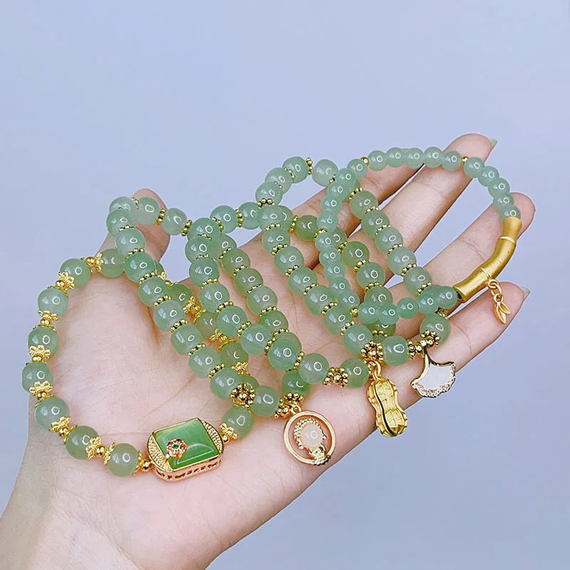 Ruifan Vintage Leaf Peanut Buddha Square Green Crystal Beaded Bracelet
