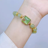 Ruifan Vintage Leaf Peanut Buddha Square Green Crystal Beaded Bracelet