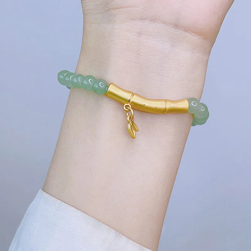 Ruifan Vintage Leaf Peanut Buddha Square Green Crystal Beaded Bracelet