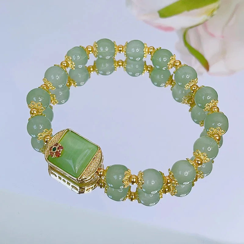 Ruifan Vintage Leaf Peanut Buddha Square Green Crystal Beaded Bracelet