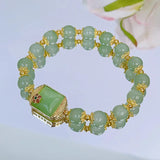 Ruifan Vintage Leaf Peanut Buddha Square Green Crystal Beaded Bracelet