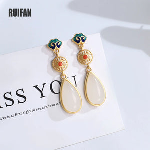 Ruifan Water Drop Jade Dangle Earrings 925 Sterling Silver Fine Jewelry