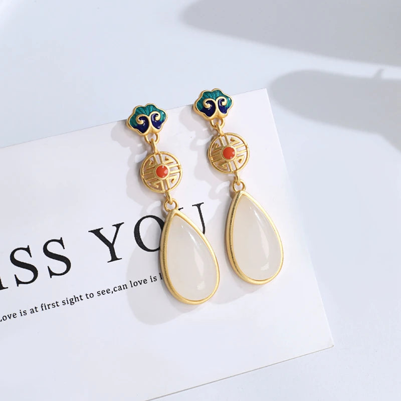 Ruifan Water Drop Jade Dangle Earrings 925 Sterling Silver Fine Jewelry