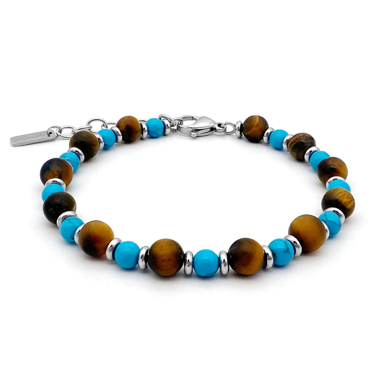 Turquoise Stone Beaded Man Bracelet with Tiger Eye Jewel