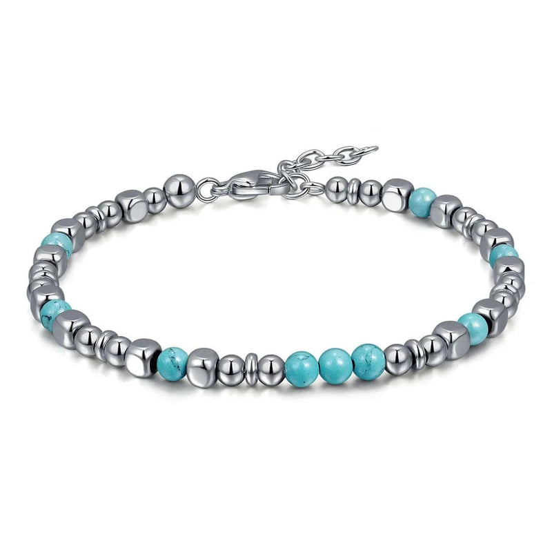 Men Bracelet Stainless Steel Beads 4mm with Turquoise Stone Adjustable