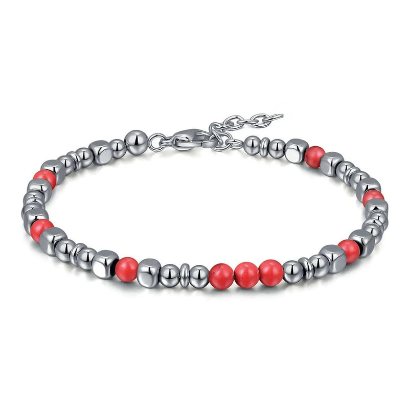 Men Bracelet Stainless Steel Beads 4mm Red Garnet Natural Stone