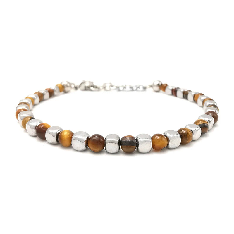 Men's Tiger Eye Stone Bracelet 4mm with Stainless Steel Beads